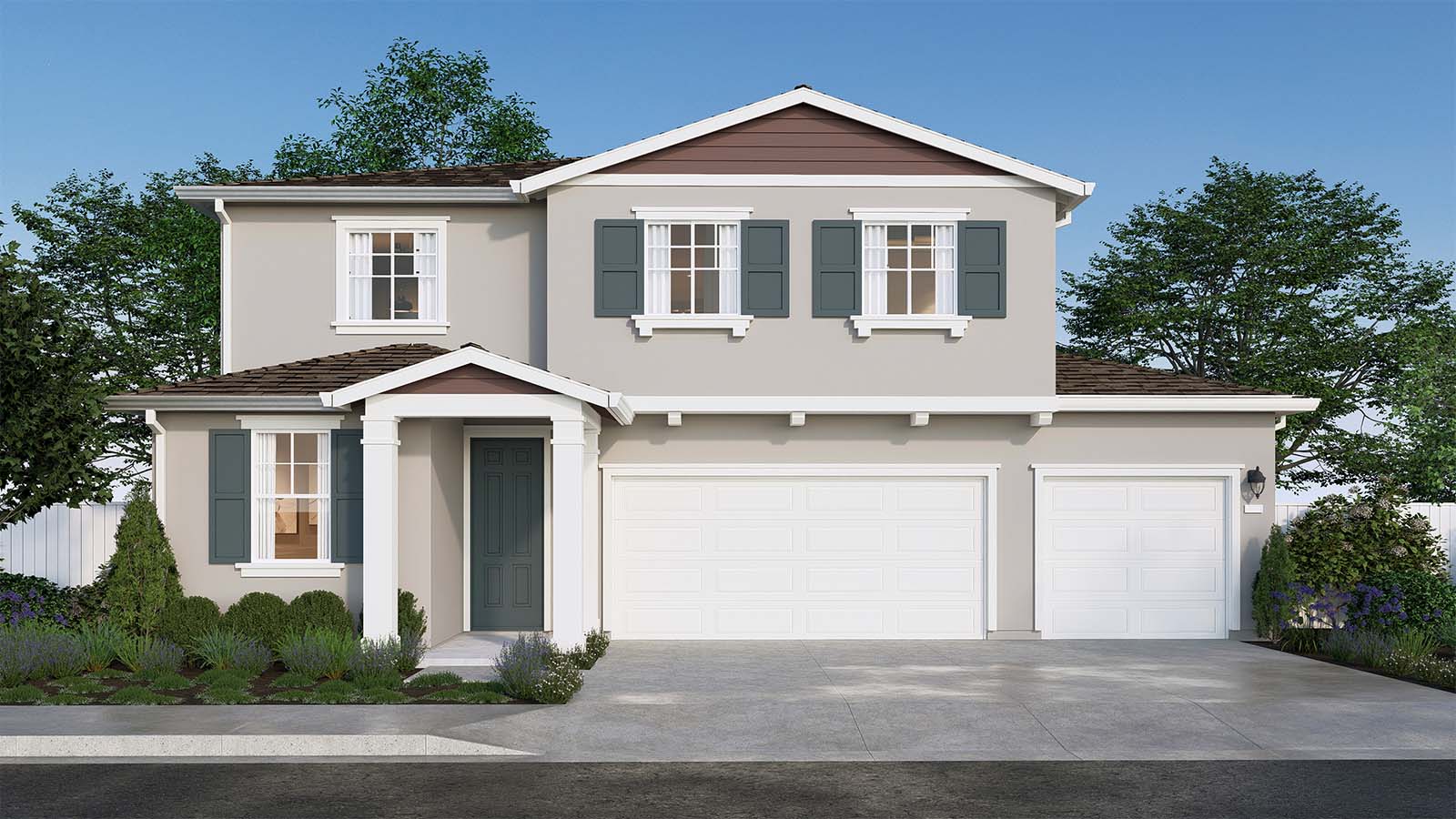 Clover at Santana Ranch Montara Plan Traditional Elevation 3 Car Garage Exterior Rendering