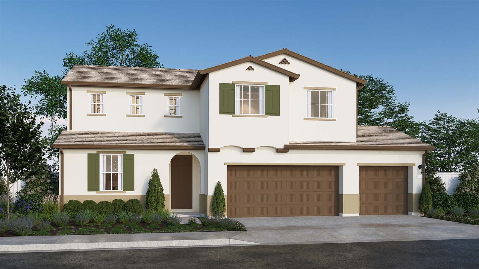 Clover at Santana Ranch Cypress Plan Spanish Elevation 3 Car Garage Exterior Rendering