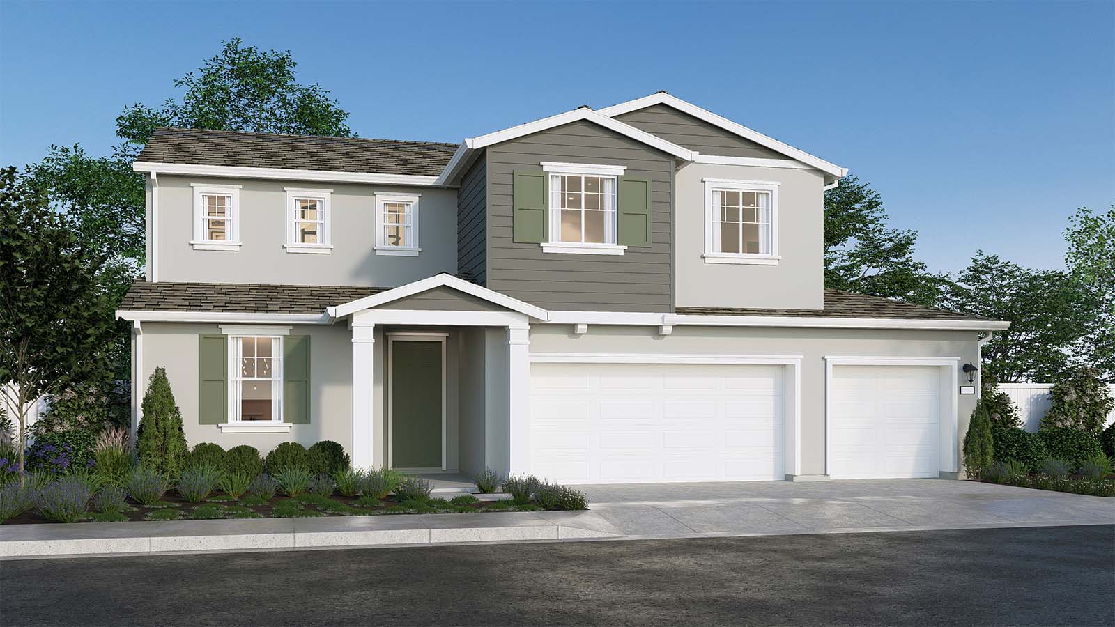 Clover at Santana Ranch Cypress Plan Traditional Elevation 3 Car Garage Exterior Rendering