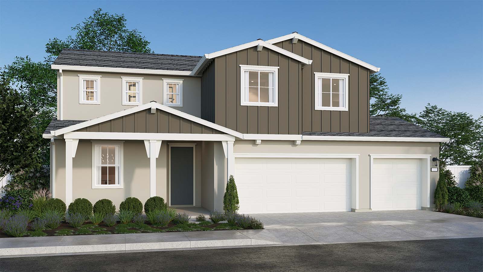 Clover at Santana Ranch Cypress Plan Farmhouse Elevation 3 Car Garage Exterior Rendering