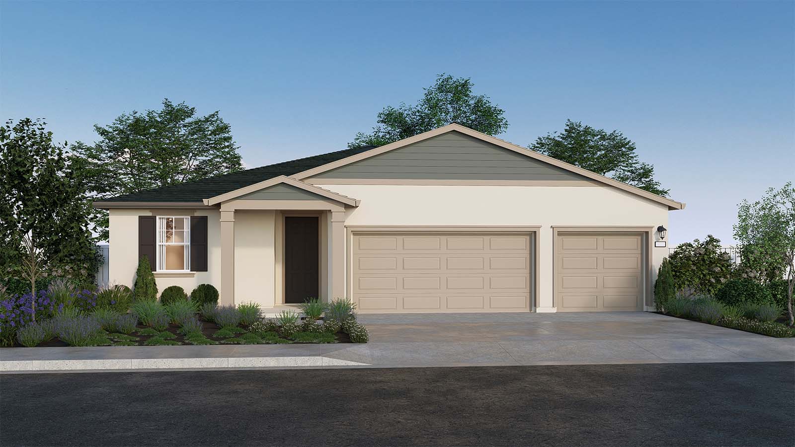 Clover at Santana Ranch Sequoia Plan Traditional Elevation 3 Car Garage Exterior Rendering