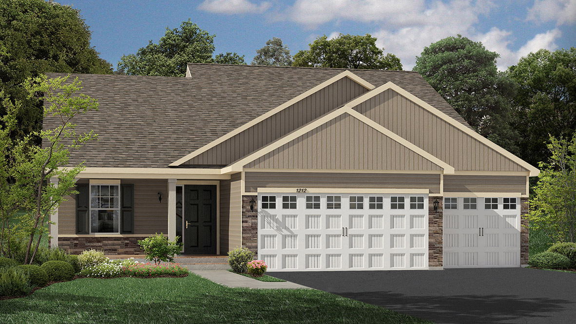 Rendering of Rushmore Heartland Cottage elevation with stone