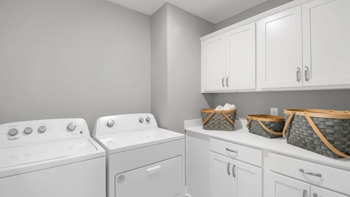 Upper level laundry rooms near bedrooms and optional cabinets for more storage.