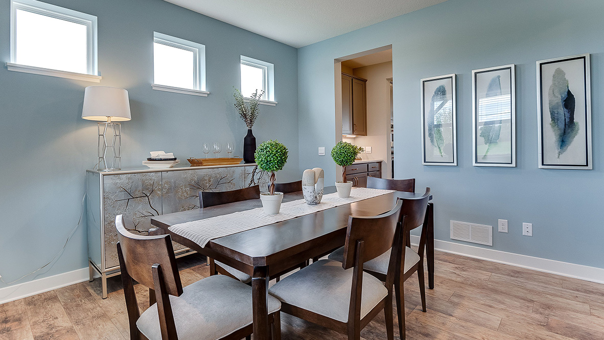 Formal dining room with dining table seating six.