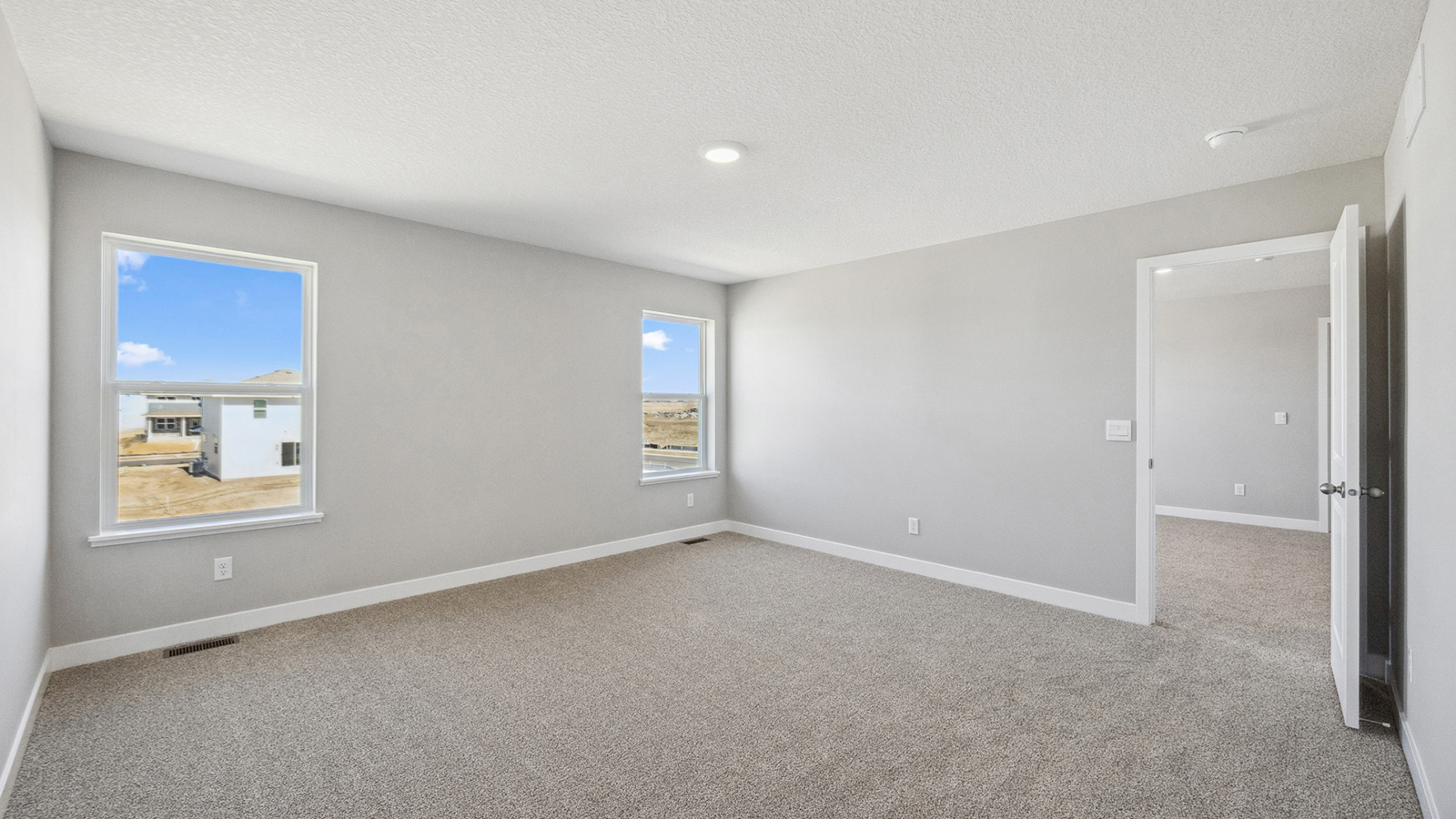 unfurnished spacious primary bedroom with beige carpet, light grey walls and windows
