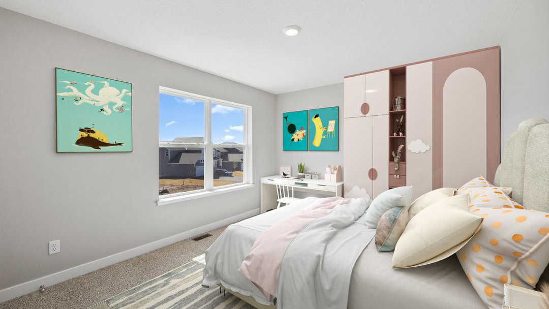 bedroom with beige carpet, grey walls and a window