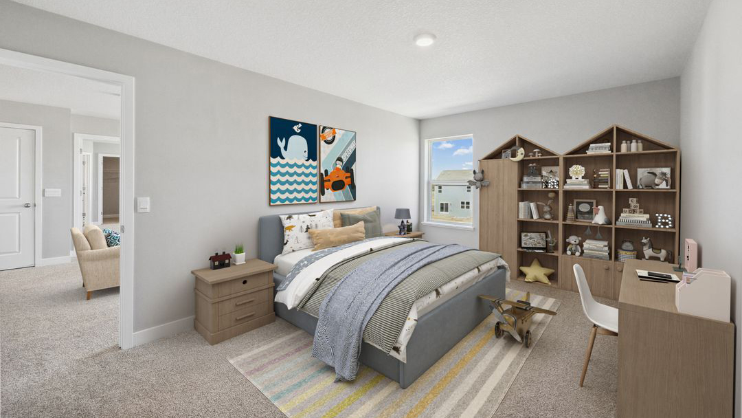 bedroom with beige carpet, grey walls and a window