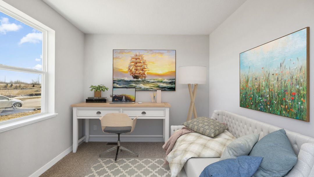 bedroom with beige carpet, white walls and a window