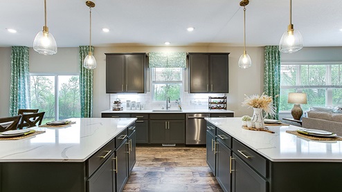 The Redwood plan with two kitchen islands.
