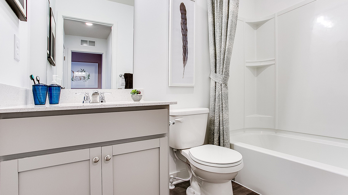 Secondary bathroom with willow gray cabinets and quartz vanity countertop.