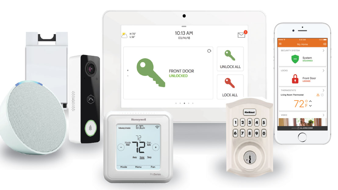 D.R. Horton America's Smart Home product suite including video doorbell, Kwikset door lock, and Amazon Echo Pop
