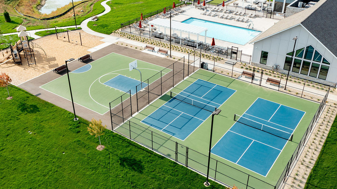 Aerial photo of the community pool, playground, ball courts at Brookshire in Lakeville, Minnesota.