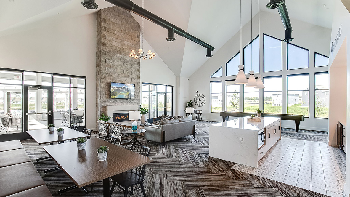 Vaulted ceilings in the beautiful common area of the building.