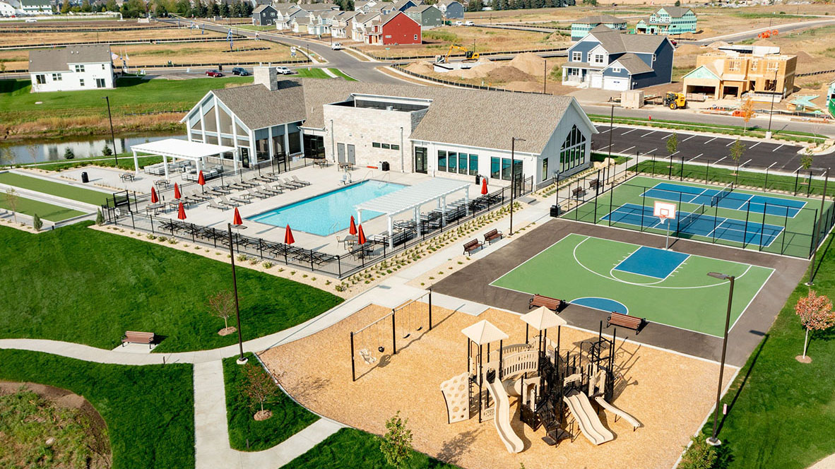 Aerial Brookshire offers resort-style living with a clubhouse, pool, fitness center, playground and ball courts.