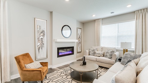 Living room with electric fireplace and mantle.