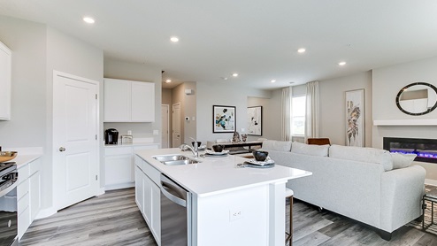 Kitchen island with stainless steel dishwasher and white cabinets.