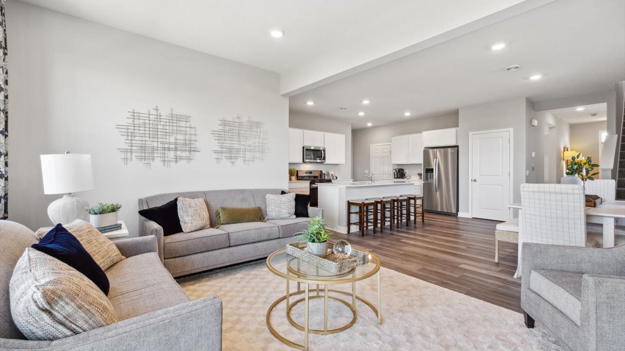 View of open concept main level from living room.
