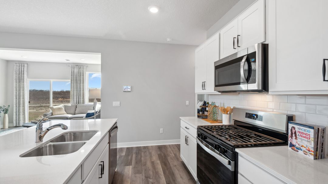 Side view of kitchen countertops and island.