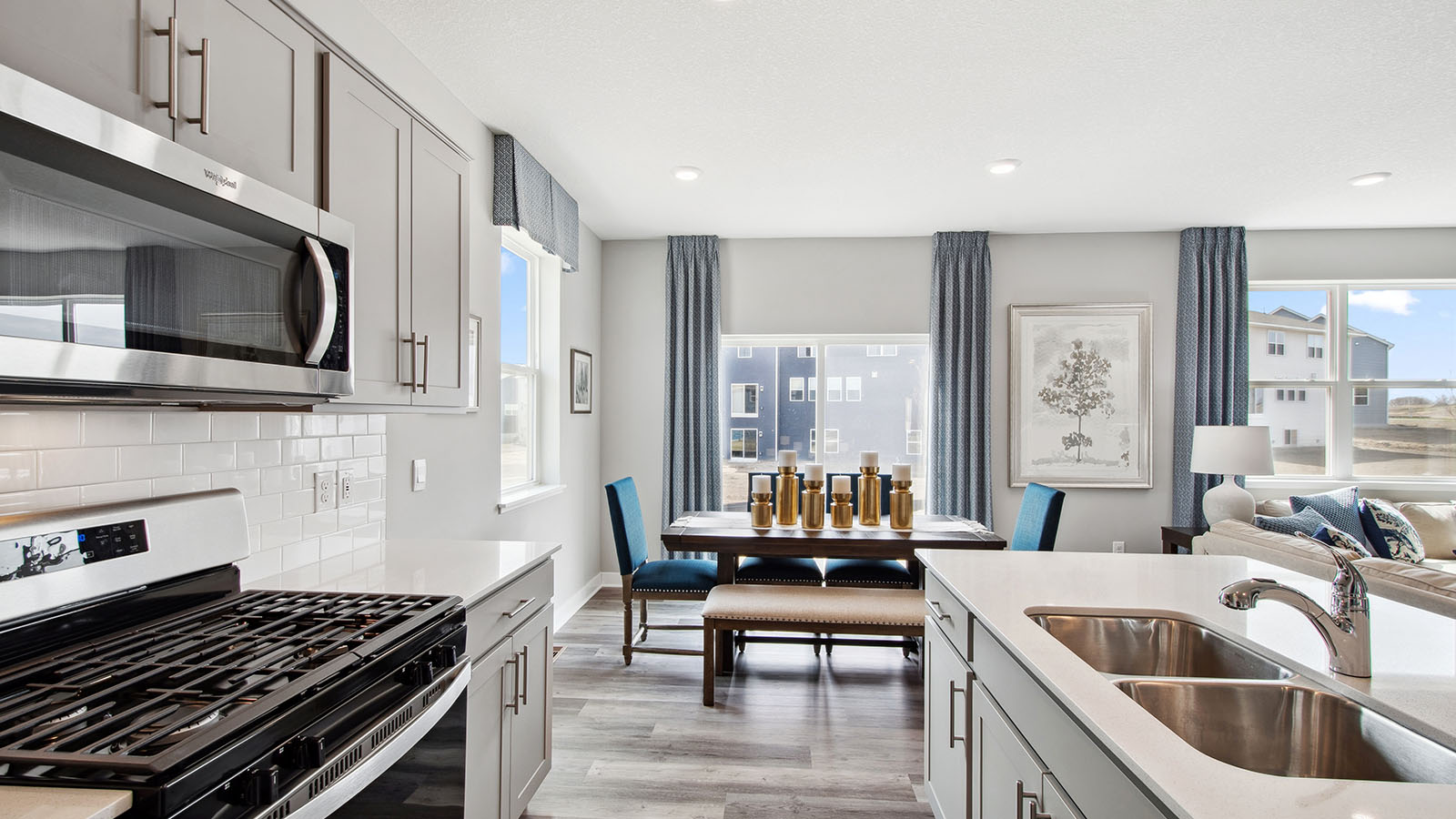 Side view of kitchen countertops and island.