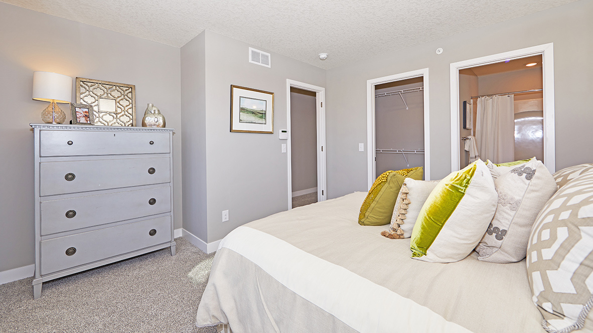Carpeted bedroom suite with walk-in closet and private bathroom.