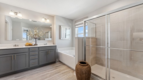 bathroom with dual vanity sinks, toilet, and a walk in shower