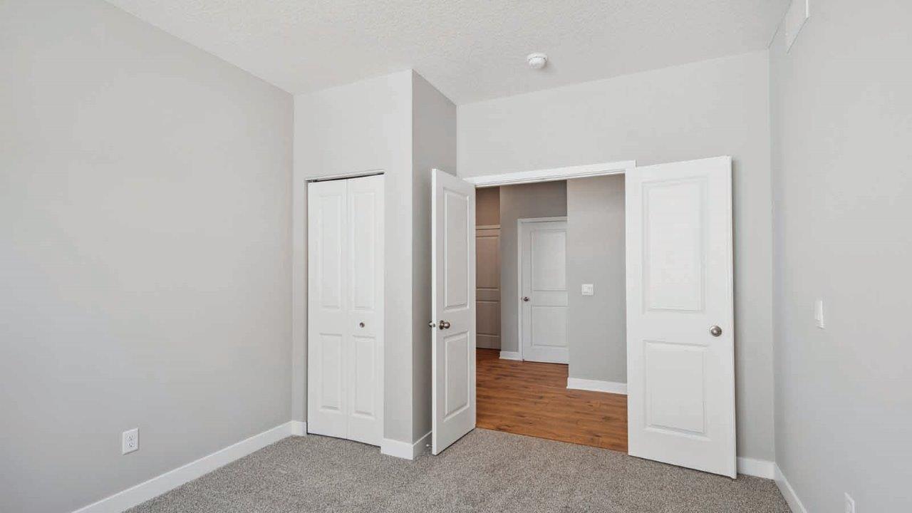 bedroom with beige carpet, grey walls and a window