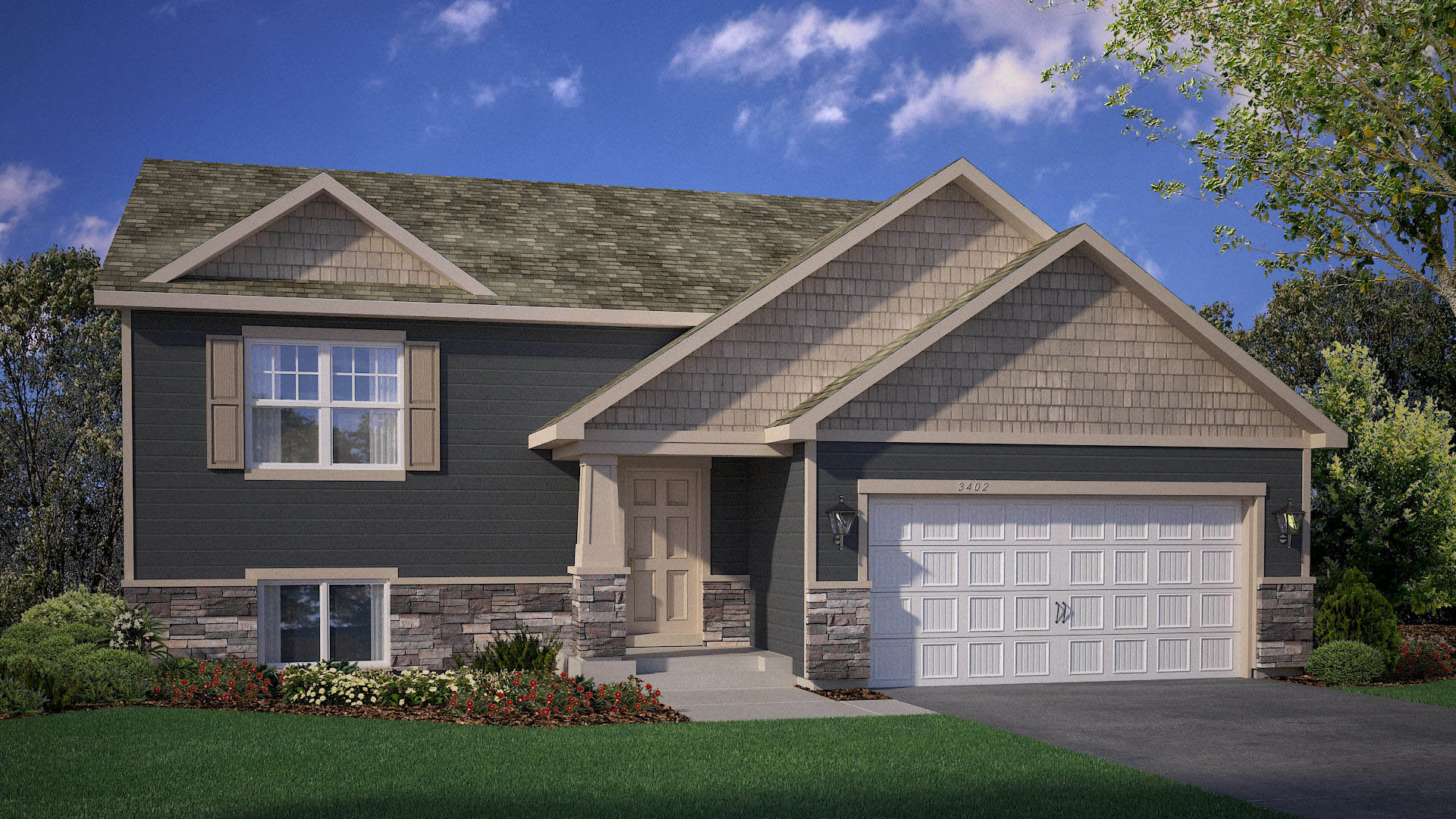 Rendering of Dallas Northern Craftsman elevation with stone