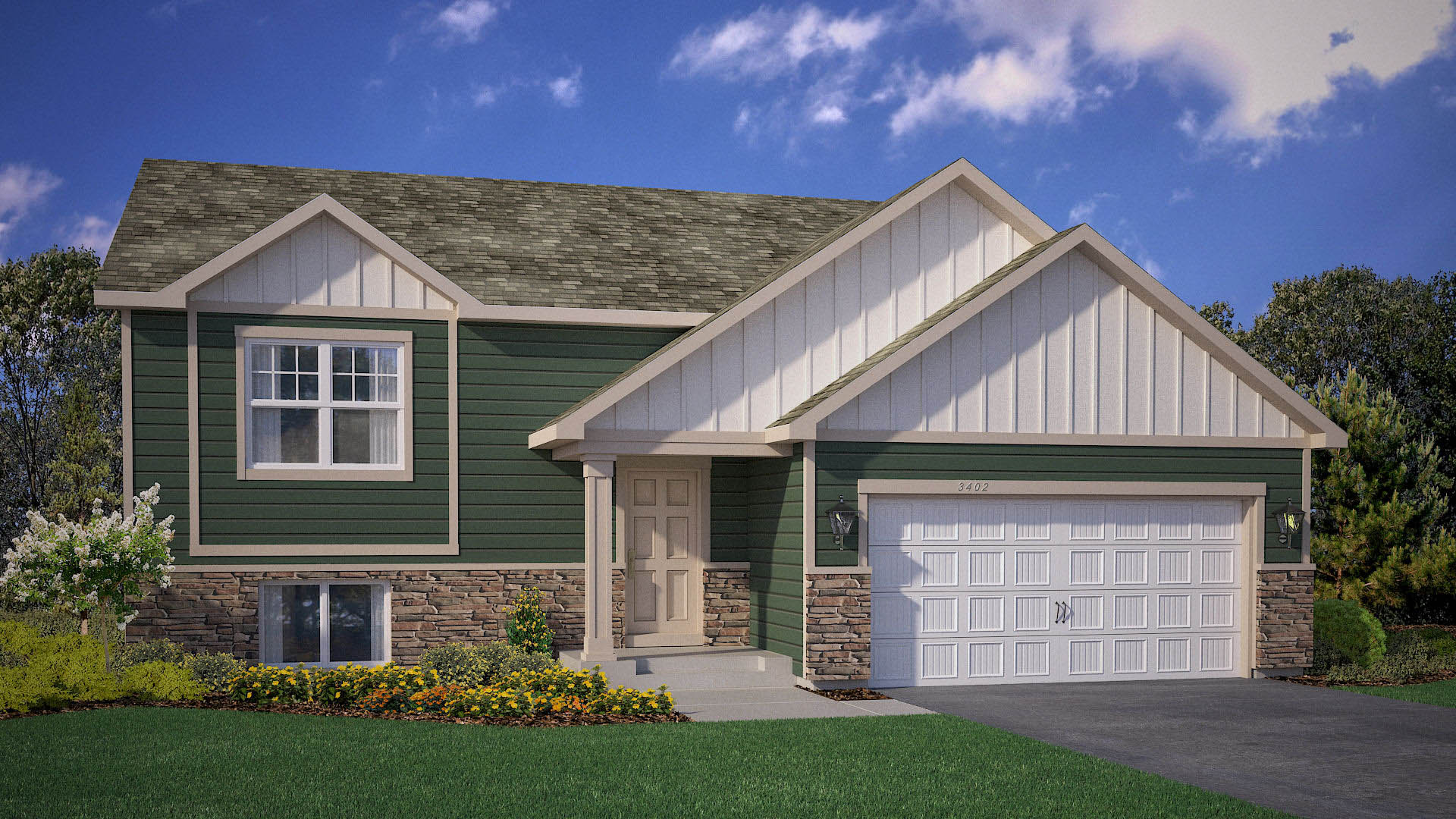 Rendering of Dallas Heartland Cottage elevation with stone