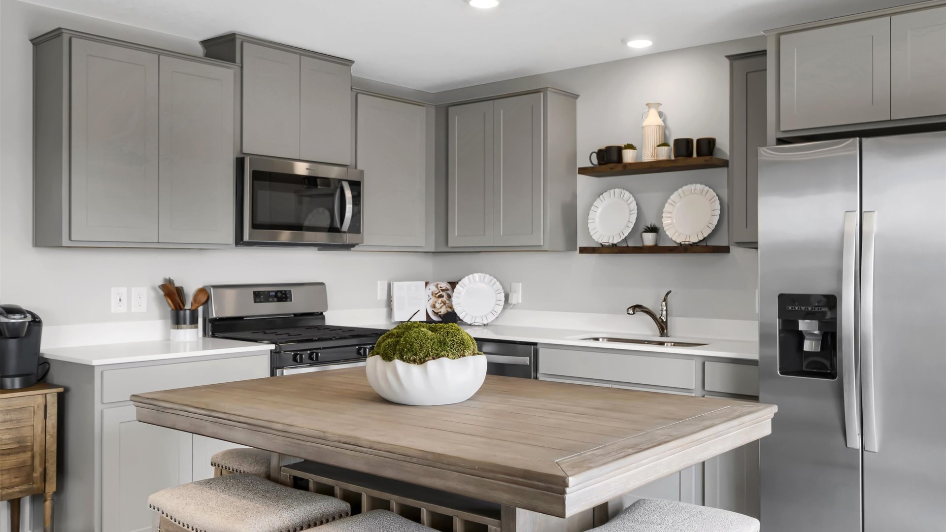 Kitchen with Willow Gray cabinets.