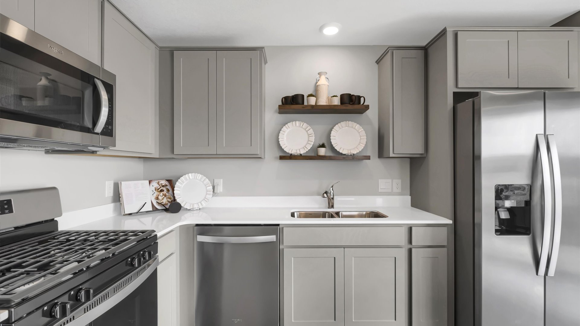 Closeup of willow gray cabinetry in kitchen area.