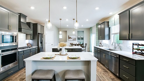 The redwood features two kitchen islands.