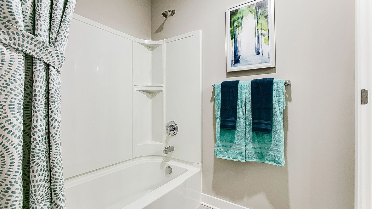 Combined shower and bathtub in Jack and Jill bathroom.