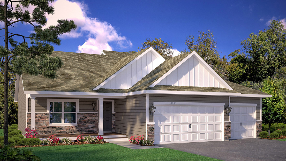 Rendering of Finnegan Heartland Cottage elevation with exterior stone