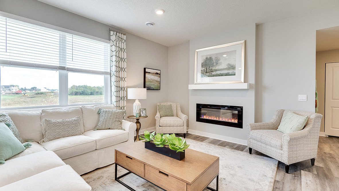 Living room with electric fireplace and hard flooring.