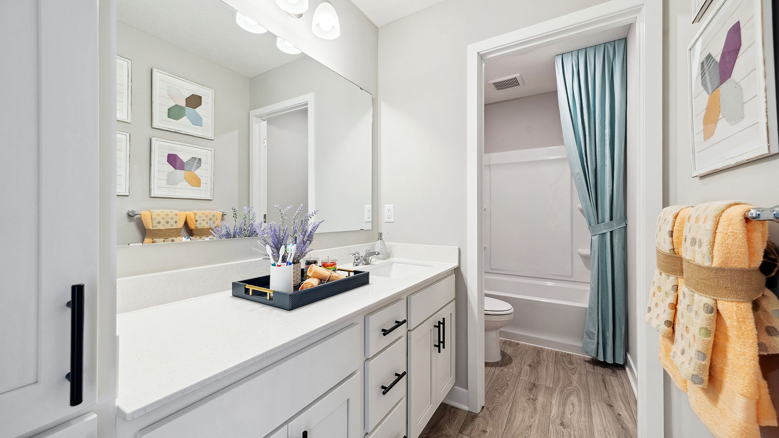 Family full bathroom with stylish vanity, mirror, cabinets, and tub-shower combo