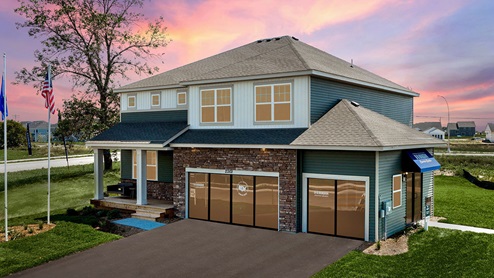Exterior elevation at dusk.