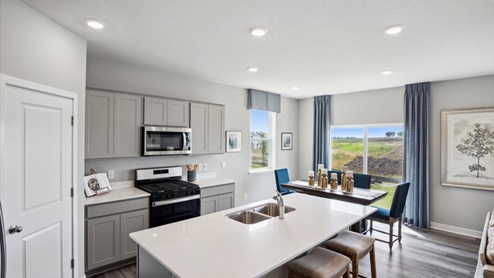 The kitchen is open to the dining area.