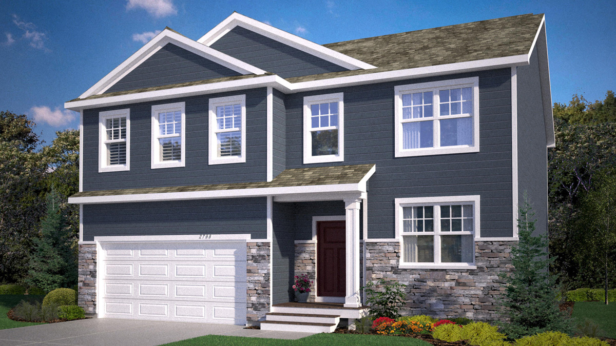 Rendering of Adams II American Classic elevation with exterior stone.