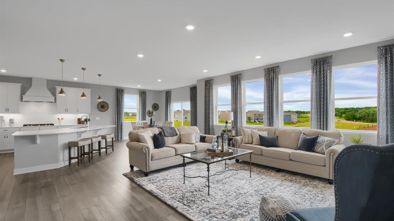 Main level family room, dinette and kitchen.