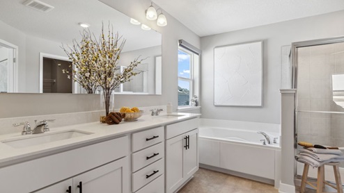 Anton Village full bathroom with neutral color palette, polished fixtures, and single sink vanity