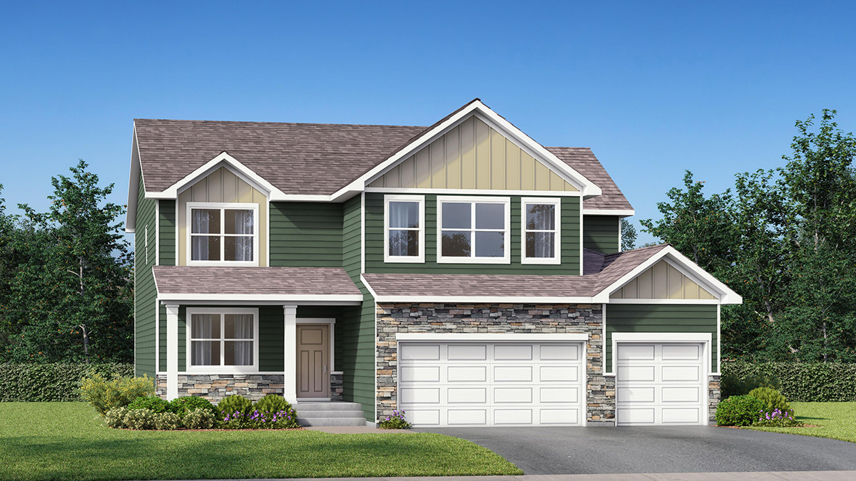 The Jameson D.R. Horton New Home in Anton Village, highlighting elevation with landscaped yard and covered front entry