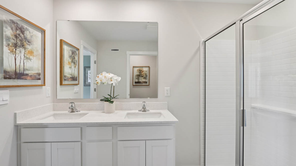 Interior bathroom with double sink and shower