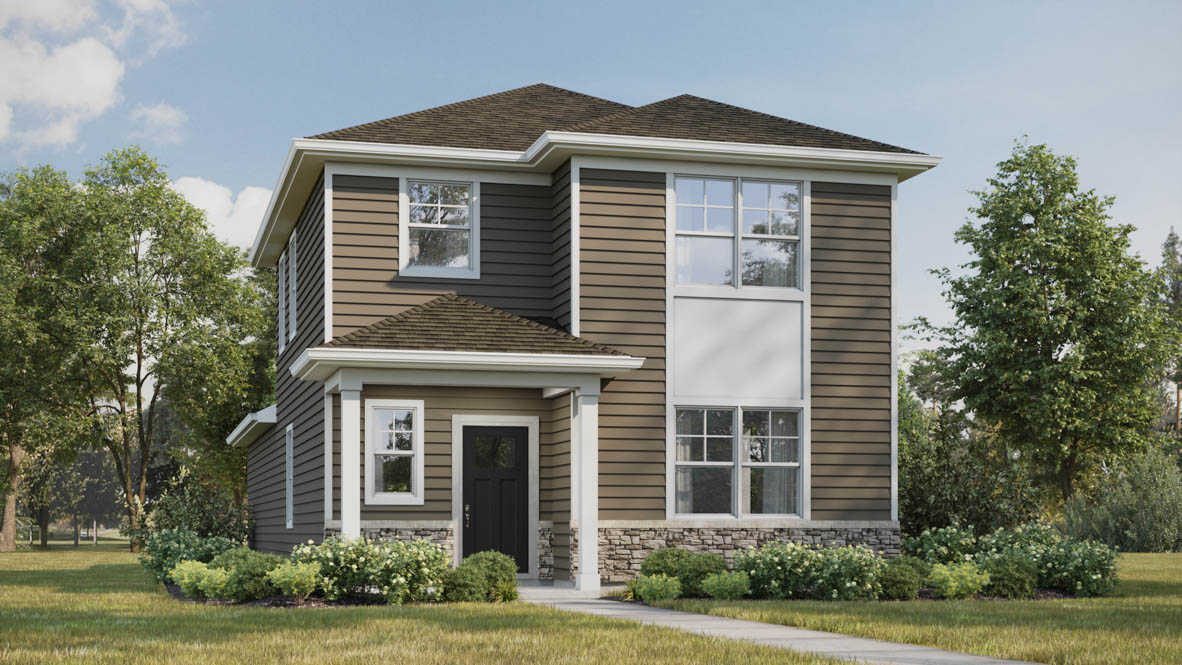Exterior two-story home with stone detailing