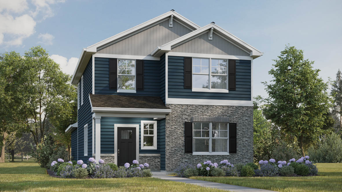 Exterior rendering of the Pine model with brick and vinyl siding