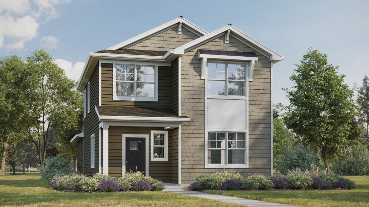 Exterior rendering of the Pine model with a cover front porch and vinyl siding