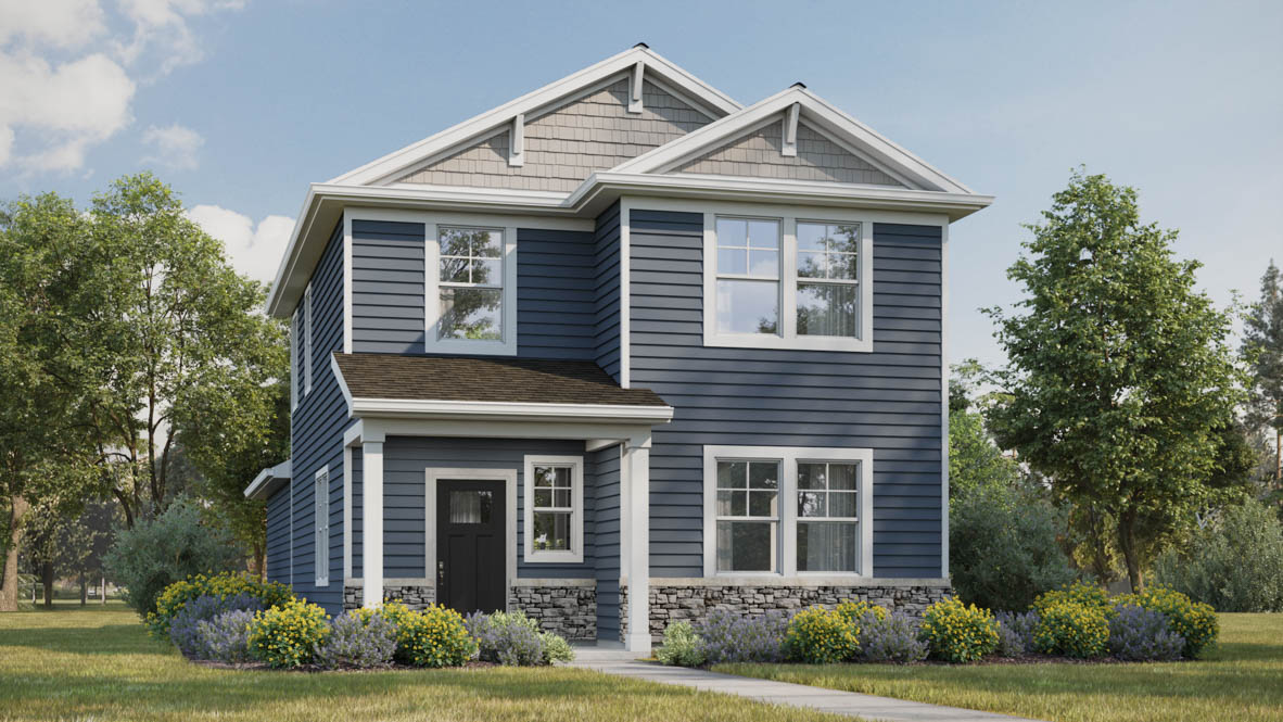 Exterior rendering of the Pine model with covered front porch and vinyl and stone siding