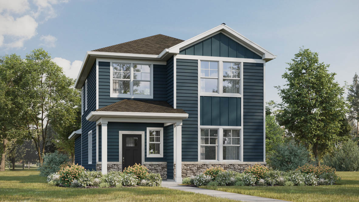 Exterior rendering of the Pine model with a covered front porch and stone and vinyl siding