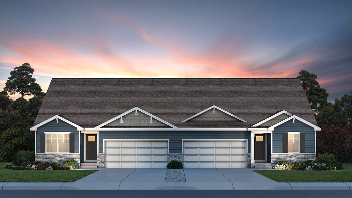 Taylor ranch duplex exterior rendering with vinyl siding and stone accents