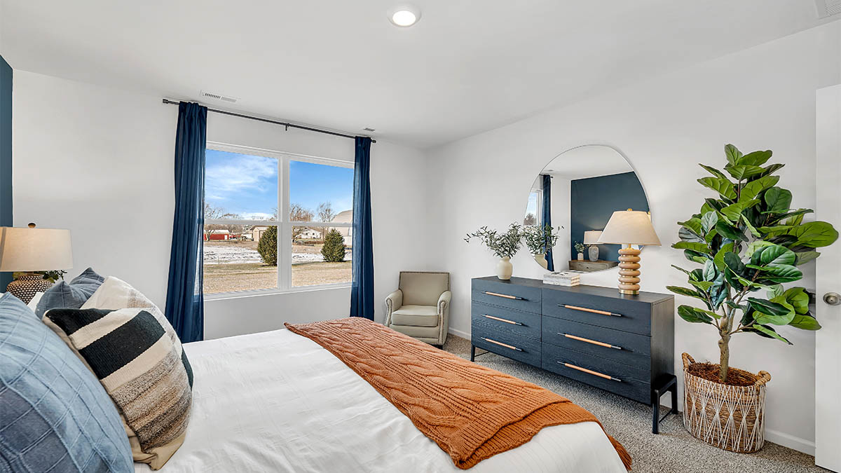 primary bedroom with carpet and large window view