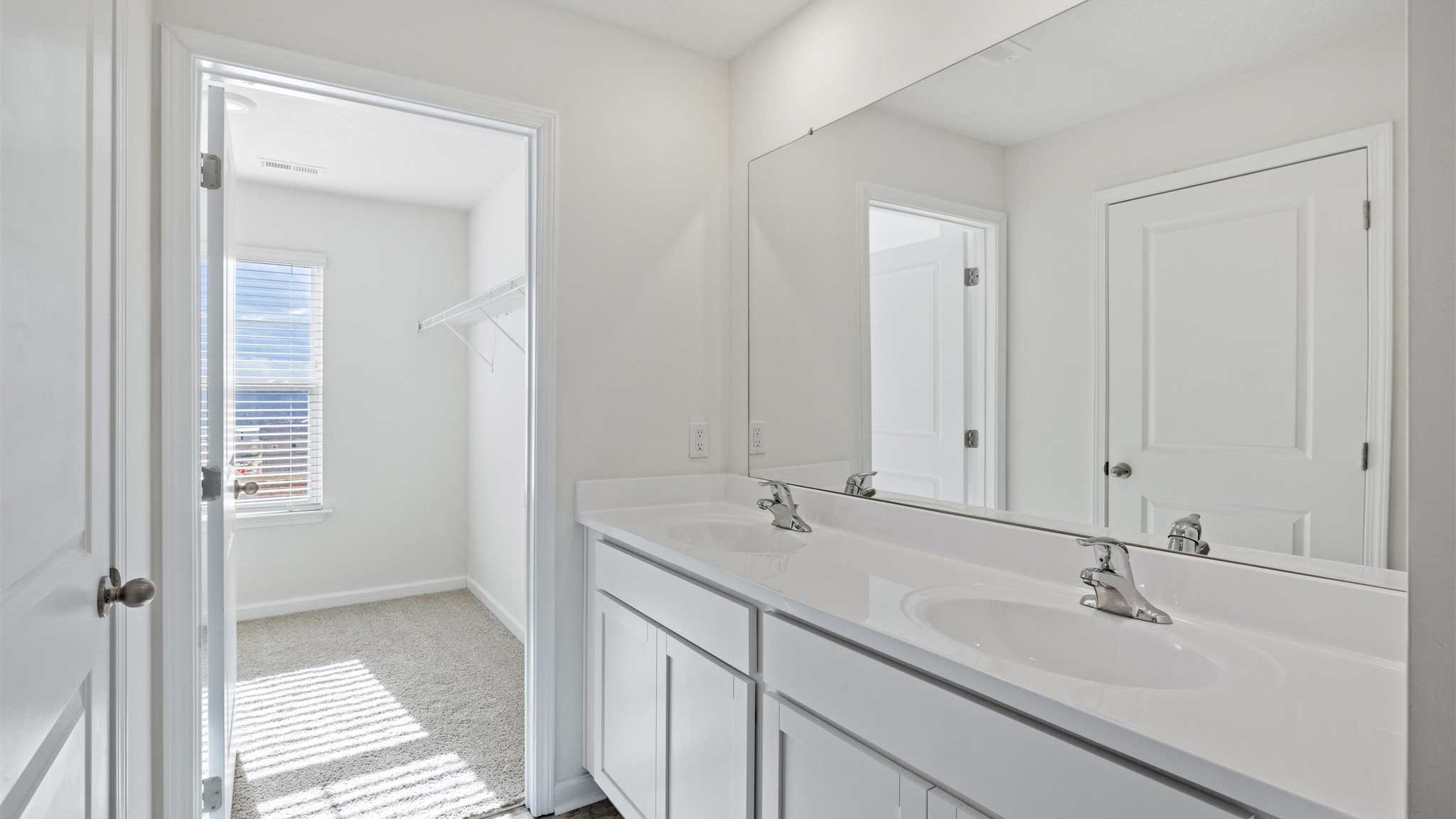 Dual sinks and cabinets with mirror.